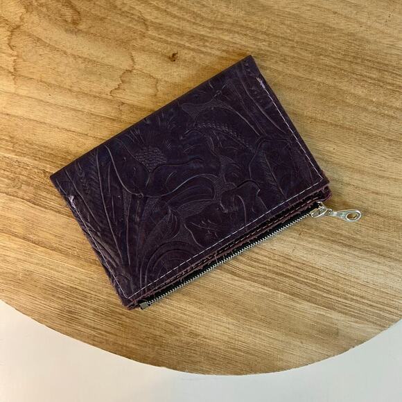 Handmade Purple Genuine Leather Tooled Floral Fold Over Western Wallet - Picture 6 of 11